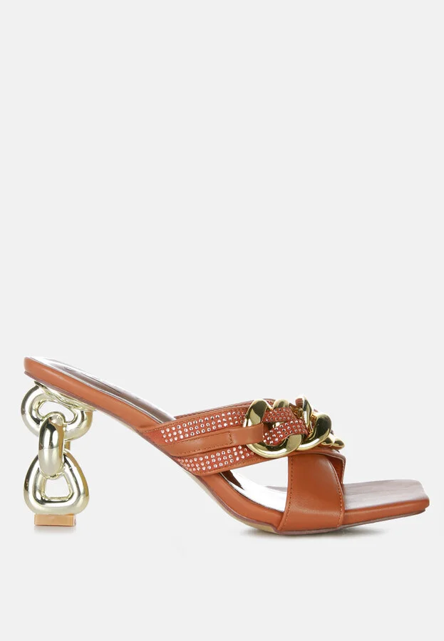 Evelane Metallic Chain Heeled Diamante Sandals