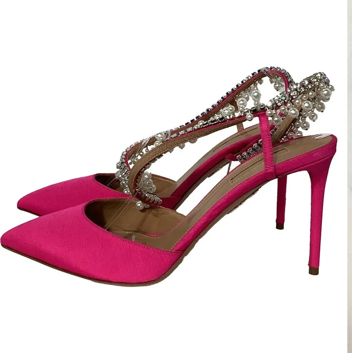 Exquisite 85 Crystal And Pearl-Embellished Slingback Pumps in Pink Satin