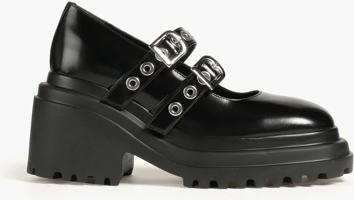 Eyelet-embellished leather Mary Jane pumps