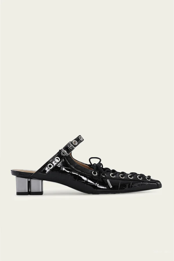 Eyelets Lace-Up Mule in Black Croco