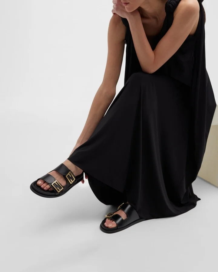 F Buckle Leather Slide Sandals - Image 3