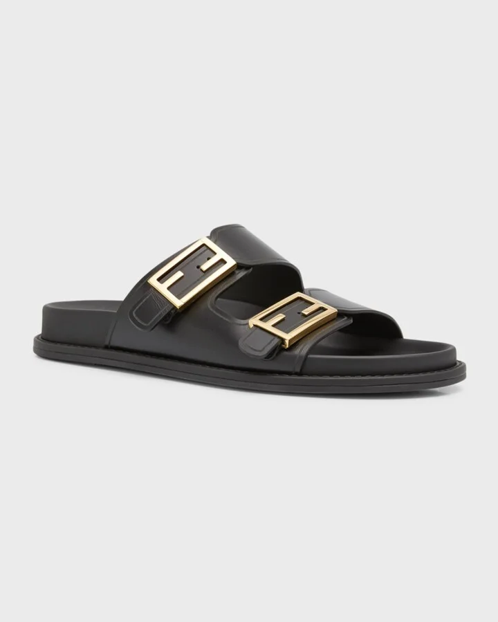 F Buckle Leather Slide Sandals - Image 7