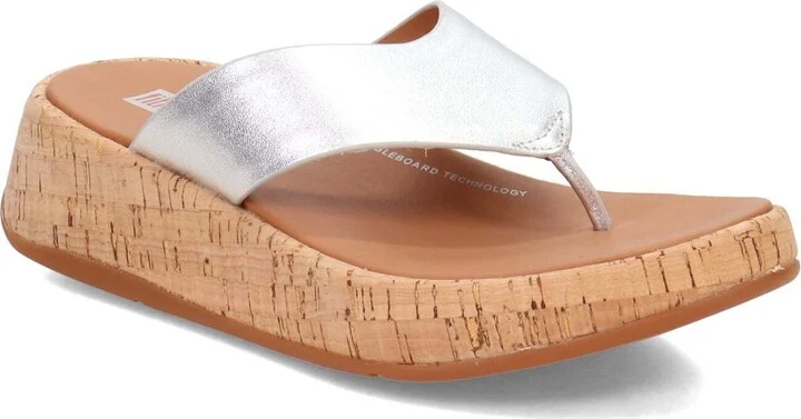 F-Mode FT7-011 Slide Sandals Women Silver Leather Cork Flatform Toe-Post