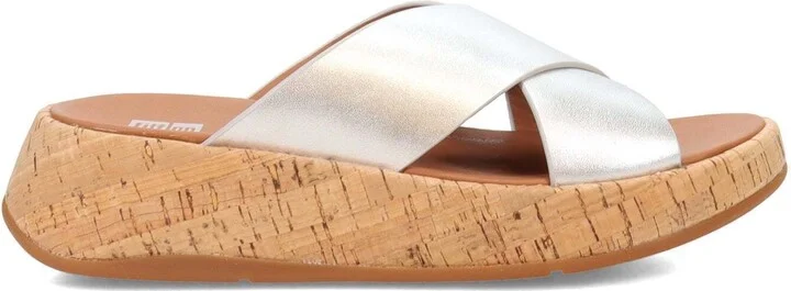 F-Mode FT8-011 Cross Sandals Womens Silver Leather Cork Flatform Slip-on