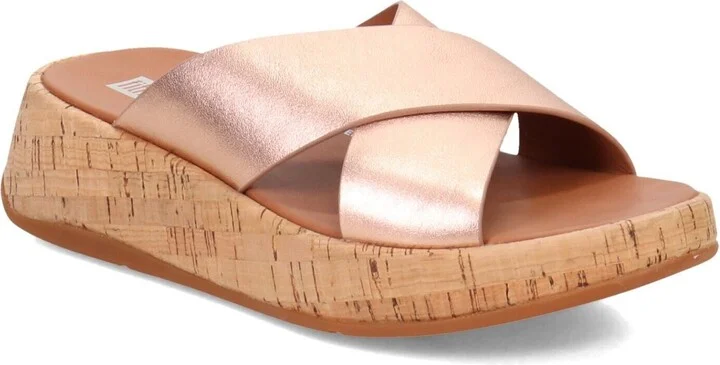 F-Mode FT8-323 Cross Sandals Women's Rose Gold Leather Cork Flatform