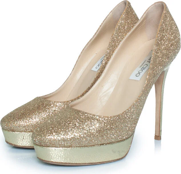 Fabric glitter platform pumps in gold