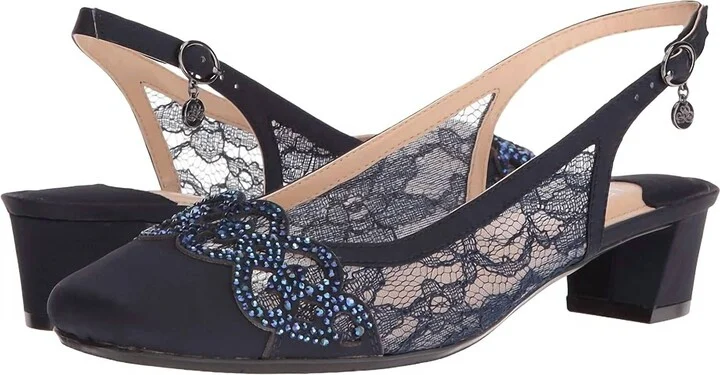 Faleece Low Heel Slingback Pumps In Navy Satin