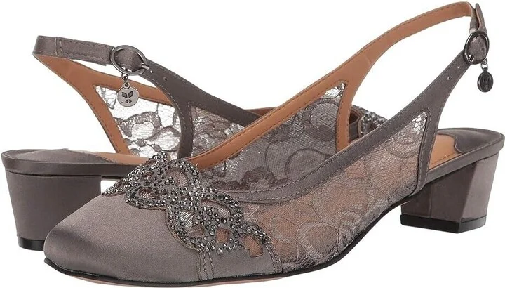 Faleece Pumps Women 10.5 Gray Rhinestone Block Heel Slingback ZPO2053
