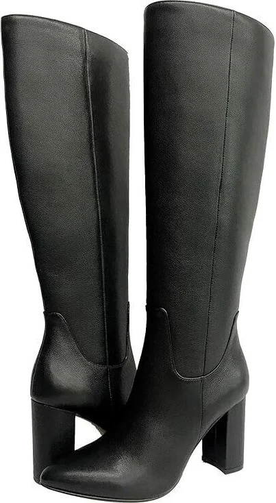 FARYL by Farylrobin Terry Boots Women Black Leather Pointed Toe Knee High KHD872