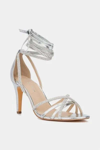 Fashion To Figure Women's Gem Strap Heels - Wide Width - , SILVER