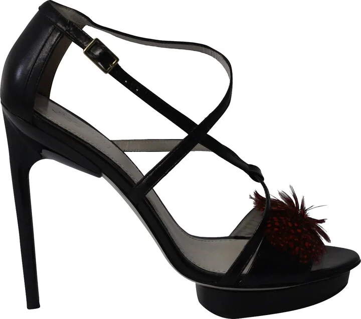 Faux Feather Embellished High Heel Sandals in Black Leather