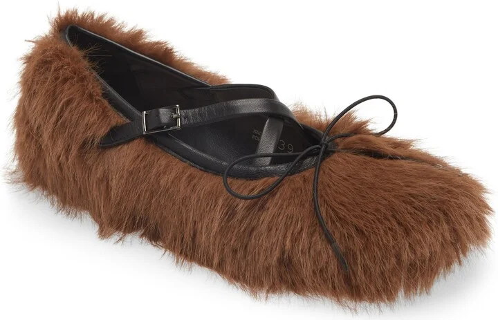 Faux Fur Crisscross Strap Ballet Flat