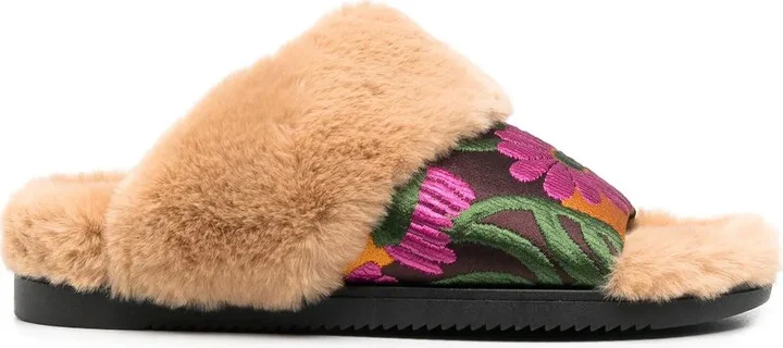 Faux-Fur Floral Strap Slides