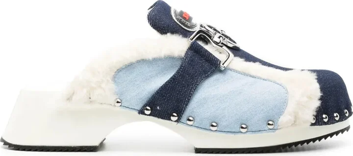Faux-Fur Trim Denim Mules