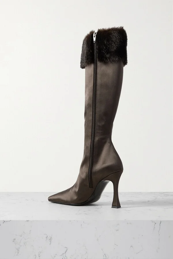 Faux fur-trimmed satin knee boots - Image 3
