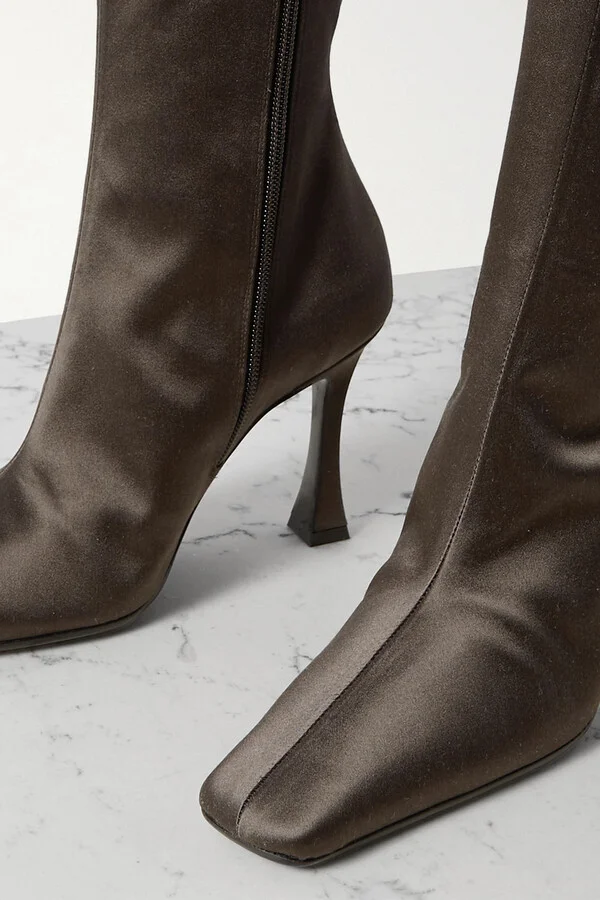 Faux fur-trimmed satin knee boots - Image 4