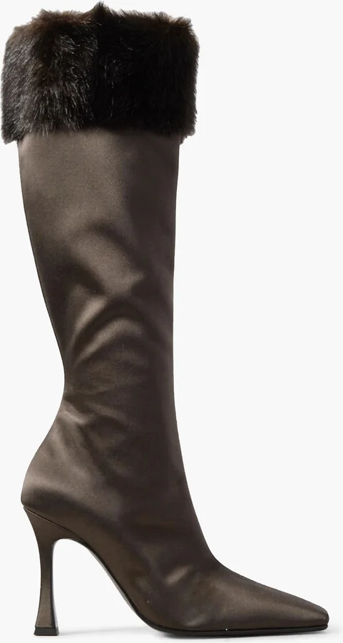 Faux fur-trimmed satin knee boots