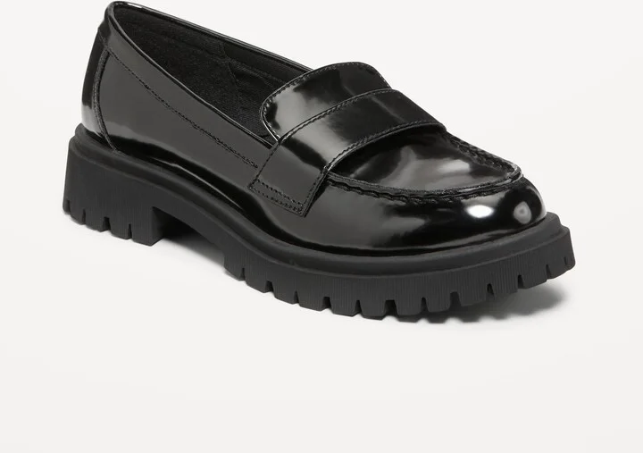 Faux-Leather Chunky Heel Loafers