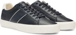 Faux-leather trainers with plain and grained textures- Dark Blue Men's Sneakers size 9