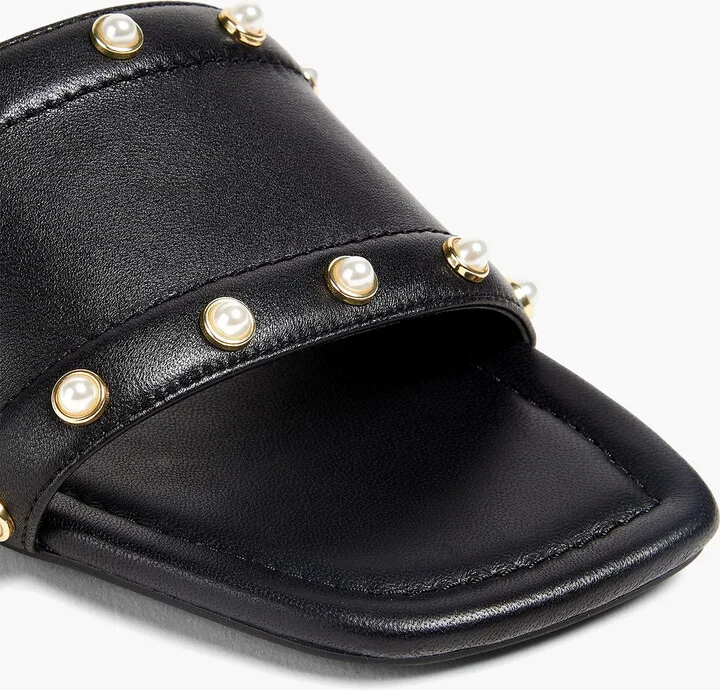 Faux pearl-embellished leather slides - Image 4