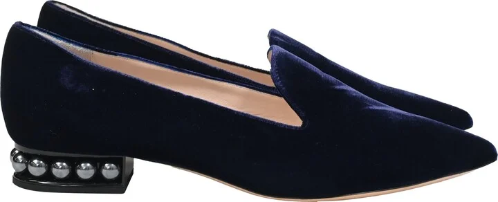 Faux Pearl Embellished Loafers In Navy Blue Velvet