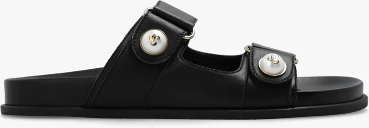 ‘Fayence’ Leather Slides, , - Black