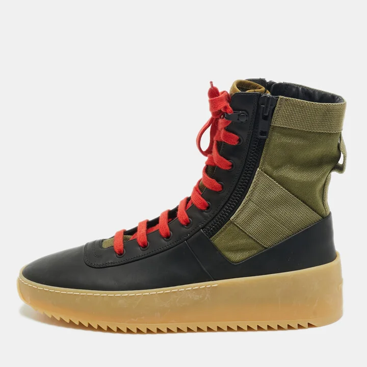 Fear Of God Green/Black Leather and Canvas Jungle High Top Sneakers Size 41