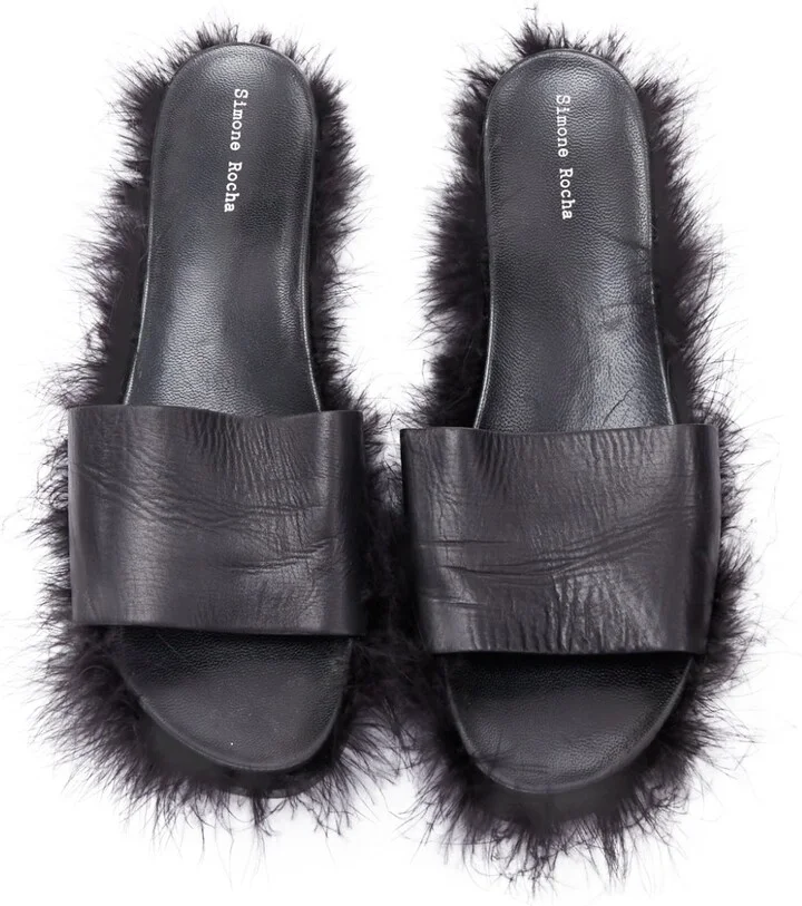 Feather Trimmed Leather Flat Slides Mules