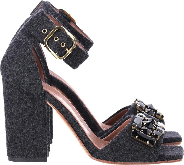 Felt Crystal Embellished Ankle Strap Sandals in Grey Wool