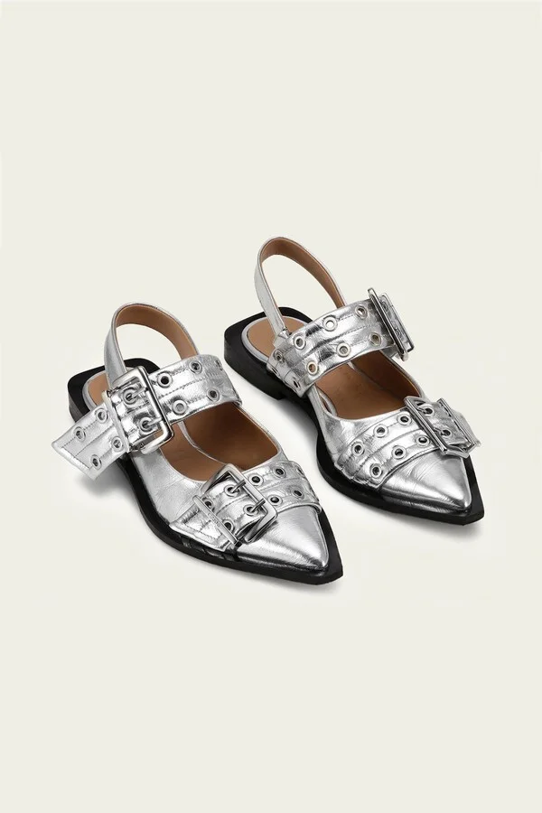 Feminine Buckle Ballerina Metallic Sandal in Silver - Image 2