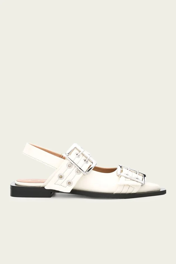 Feminine Buckle Ballerina Naplack Sandal in Egret