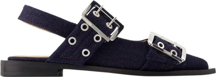 Feminine Buckle Ballerinas - Ganni - Cotton - Blue