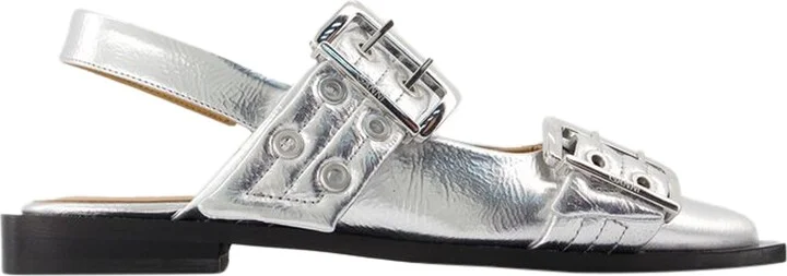 Feminine Buckle Ballerinas - Ganni - Synthetic Leather - Silver