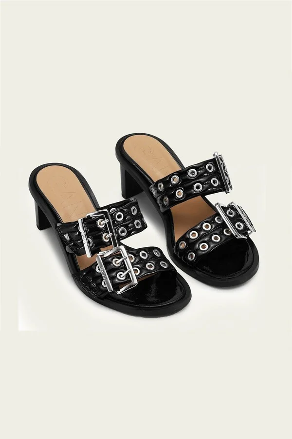 Feminine Buckle Heel Mule Sandal Naplack in Black - Image 2