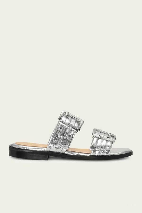 Feminine Buckle Two Strap Metallic Sandal in Silver