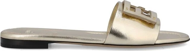 Fendi Baguette Logo Plaque Metallic Slides