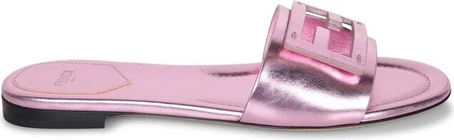 Fendi Baguette Logo Plaque Metallic Slides