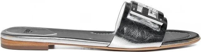 Fendi Baguette Logo Plaque Metallic Slides