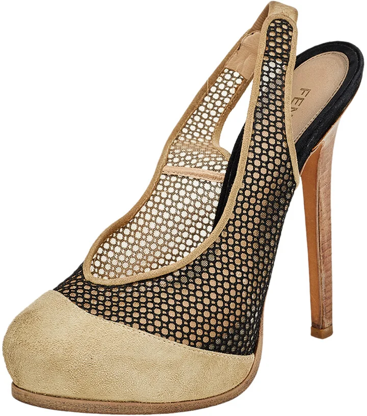 Fendi Beige/Black Suede And Mesh Platform Slingback Sandals Size 38