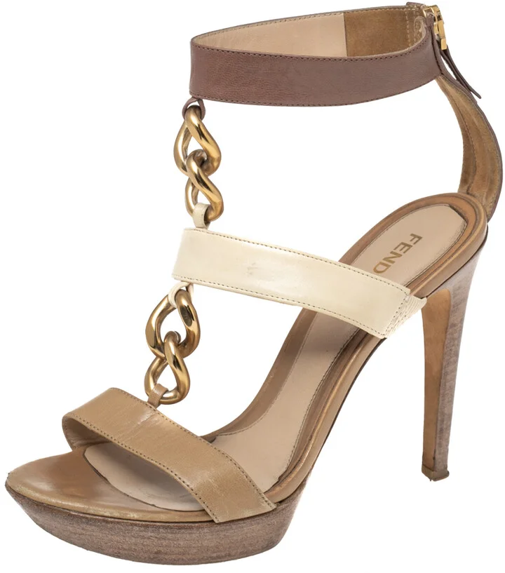 Fendi Beige/Brown Leather Chain Ankle Strap Sandals Size 38