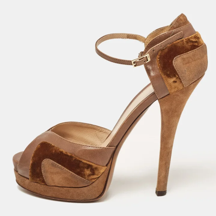Fendi Beige/Brown Leather Velvet Ankle Strap Pumps Size 40