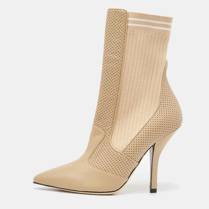 Fendi Beige Leather and Fabric Rockoko Ankle Length Boots Size 39
