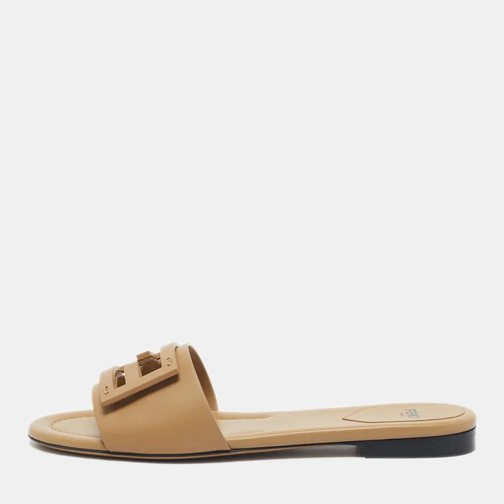 Fendi Beige Leather Baguette Flat Slides Size 38.5