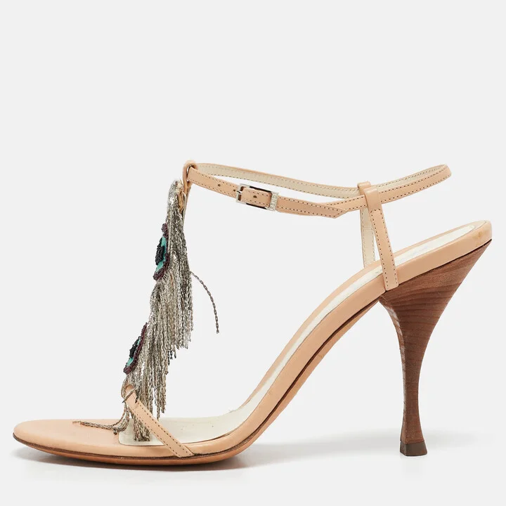 Fendi Beige Leather Embellished Ankle Strap Sandals Size 40