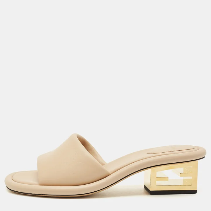 Fendi Beige Leather FF Baguette Heel Slide Sandals Size 40