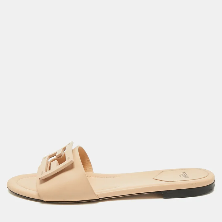 Fendi Beige Leather FF Flat Slides Size 39.5
