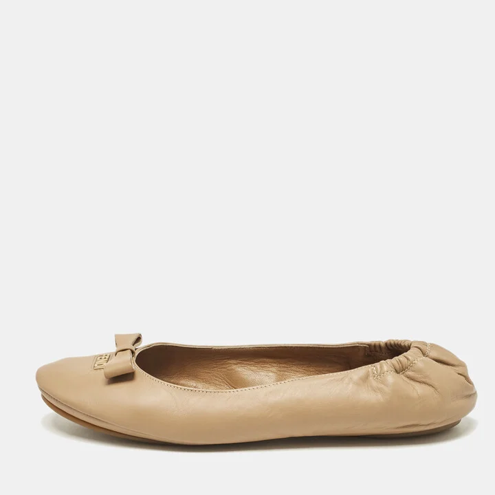 Fendi Beige Leather Let's Dance Bow Ballet Flats Size 39