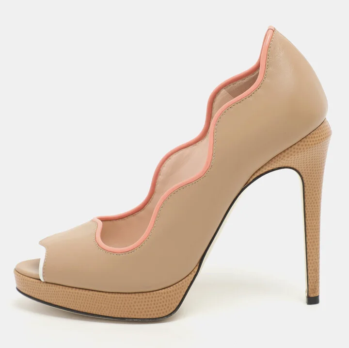 Fendi Beige Lizard Embossed and Leather Scalloped Peep Toe Platform Pumps Size 36