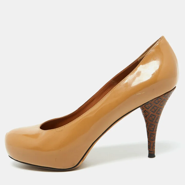 Fendi Beige Patent Leather Zucca Heel Platform Pumps Size 39.5