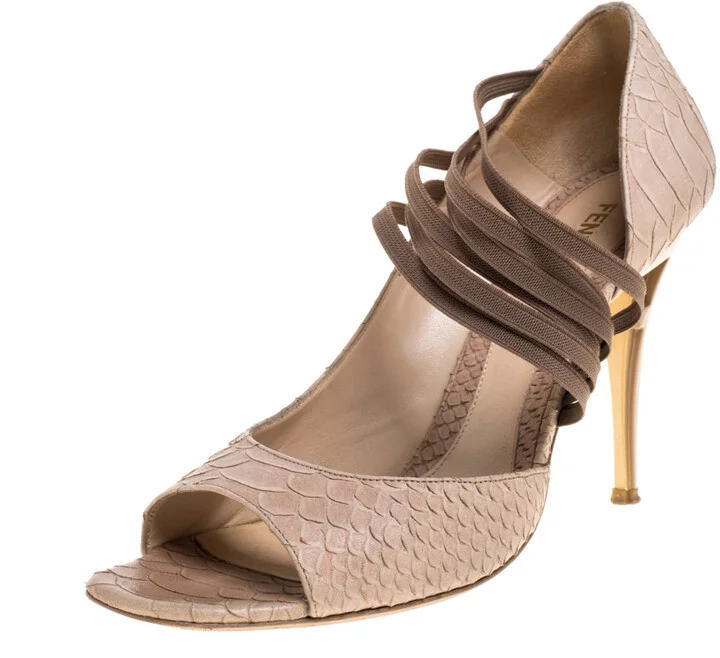 Fendi Beige Python Embossed Leather Strappy Half D'Orsay Peep Toe Pumps Size 40